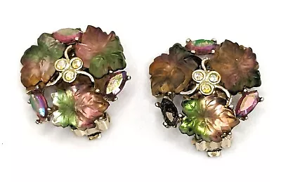 Vintage Kramer Earrings Frosted Irridescent Carved Glass Leaves Clip Signed • $34.95