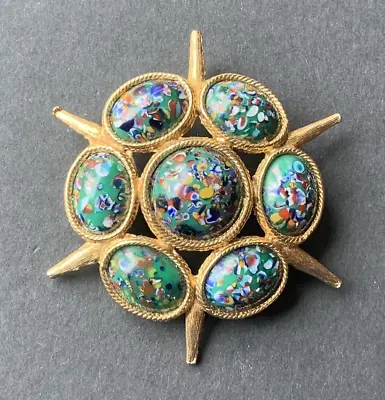 Vintage VENETIAN MILLEFIORI ART GLASS CABOCHON BROOCH PENDANT Green Murano Pin • $49.95