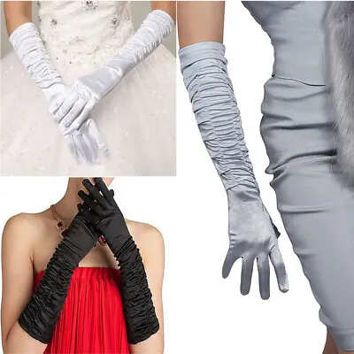 Satin Gloves Long Elegant Pleated Stretchy Evening Opera Party 20s Party Gloves • $7.98