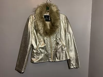 $45 • Buy V Cristina Faux Leather Crocodile Textured Jacket Gold Faux Fur  Trim Size L