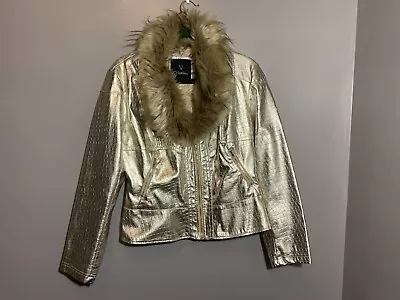 V Cristina Faux Leather Crocodile Textured Jacket Gold Faux Fur  Trim Size L • $45