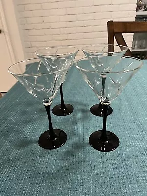 4 Martini Cocktail Glasses Black Stem Embossed Olives Toothpicks Atomic Barware • $30