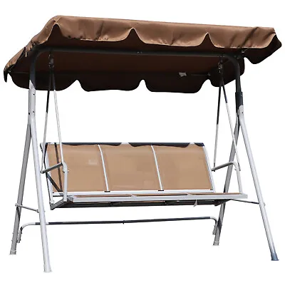 Outsunny Metal Swing Chair Garden Hammock 3 Seater Patio Bench W/ Canopy Brown • £95.99