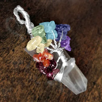 $15.99 • Buy Quartz Crystal 7 Chakra Pendant Wire Wrap Tree Of Life Necklace Handmade CHARGED