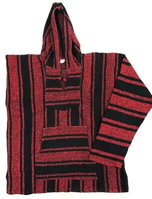 Mexican Poncho Baja Hoodie Surfer Skater Drug Rug Pullover Red/Black UNISEX • $26.39