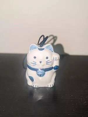 Blue White Ceramic Maneki Neko LUCKY CAT Bell Hanging 3  Good Luck Japanese • $18