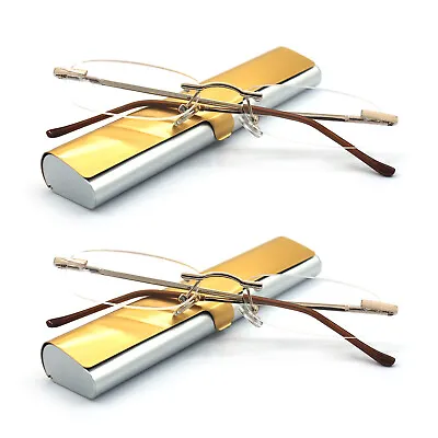 EYE ZOOM 2 Pack Compact Rimless Reading Glasses With Slim Case Men And Women • $15.99