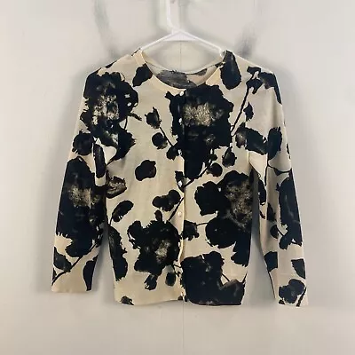 J Crew Women Small Sweater Top Cardigan Black Cream Wool Button Floral Thin Knit • $29