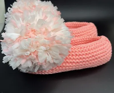 Vtg Nylon Pom Pom Slippers Handmade Knit OOAK Ballet House Shoe Pink / Peach NOS • $19.99