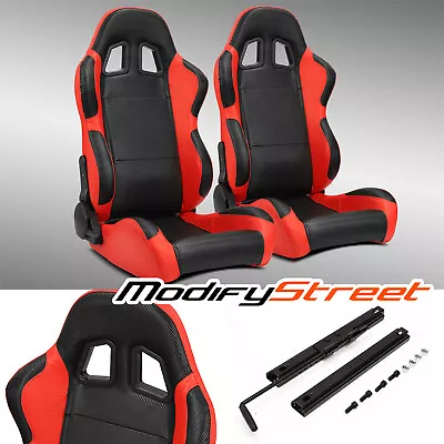 2 X BLACK/SIDE RED CARBON FIBER PVC LEATHER L/R RACING BUCKET SEATS + SLIDER • $309.98