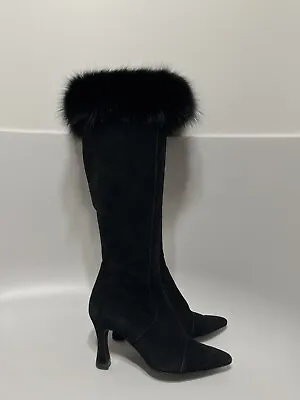 Vtg Gianni Versace Black Suede Fur Trim Boots 36 • $250