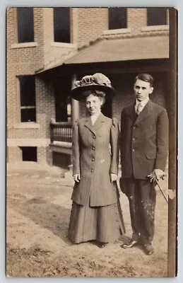 RPPC Lady Edwardian Walking Suit Dapper Young Man Dreaded Photo Postcard P28 • $9.95