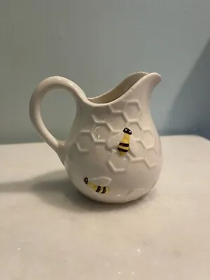 White Glass Coffee Creamer Honey Dispenser Jar Bee Tea Handle Spout 1 Cup • $8