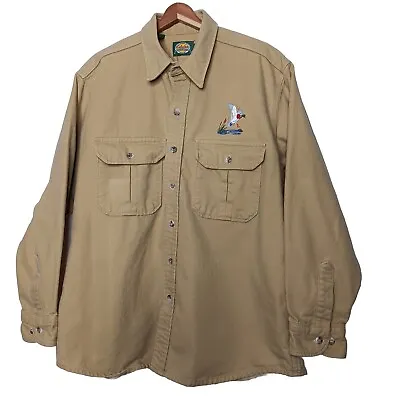 Cabelas XL Shirt Tan Chamois Heavy Flannel Cotton Duck Patch Hunt Vintage READ • $23.39