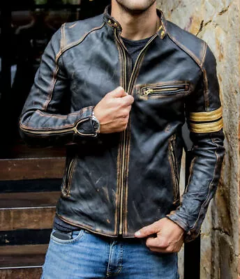 Men’s Motorcycle Biker Vintage Cafe Racer Distressed Black Real Leather Jacket • $77.99