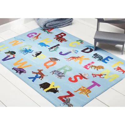 Light Blue Educational Area Rug Kids ABCs Alphabet Animals Playmat Children Rug • $44.89