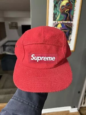 Vintage Supreme Red Cotton Flannel 5 Panel Strapback Hat Cap Made In USA Skate • $35