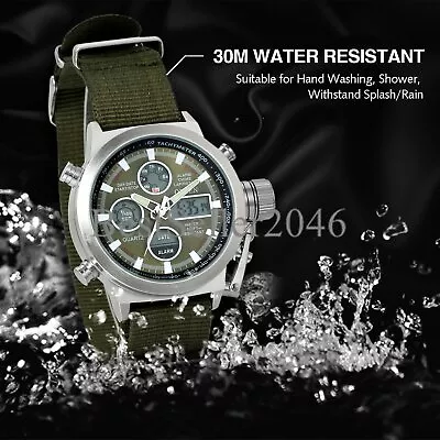 Men Military Army Green Analog Digital Quartz Nylon Canvas Wrist Watch Sport US • $21.99