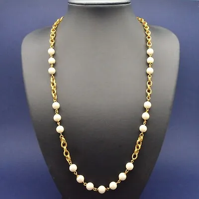 £21 • Buy Vintage Necklace TRIFARI 1980s Faux Pearl Goldtone Double Link Chain Jewellery