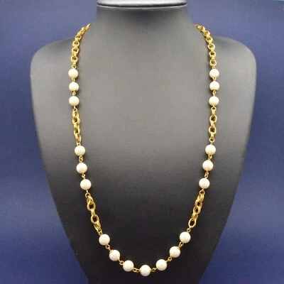 £21 • Buy Vintage Necklace TRIFARI 1980s Faux Pearl Goldtone Double Link Chain Jewellery