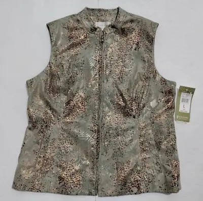 Erin London Women's Large Green Gold Floral Metallic Faux Leather Zip Vest New • $24.95