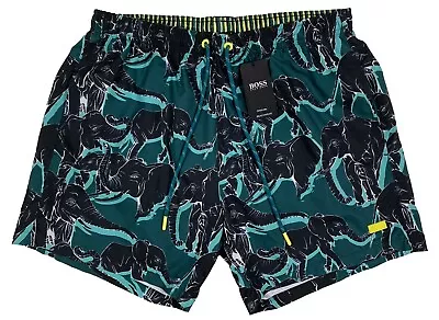 Men's HUGO BOSS Green Black + Elephants Swim Trunks Swimsuit S Small NWT NEW • $69.99