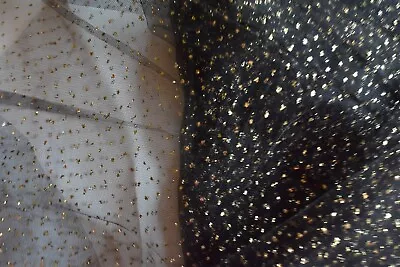 Gold Sparkles On Black Mesh Sheer Fabric   By The Yard X 58 Inches Wide • $3.25