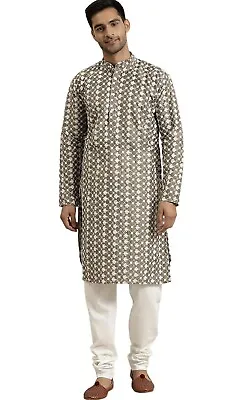 Men’s Silk Blend Embroidered Kurta And Churidar Set Size XXL 44 Olive Green • £27.99