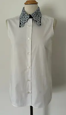 MIU MIU White Cotton Sleeveless Silver Lace Collar Shirt Blouse 40  UK 8 • £20