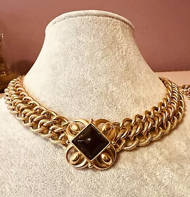 Vintage MONET Black Faux Onyx Textured Statement Gold Choker Necklace 16”+ • $67