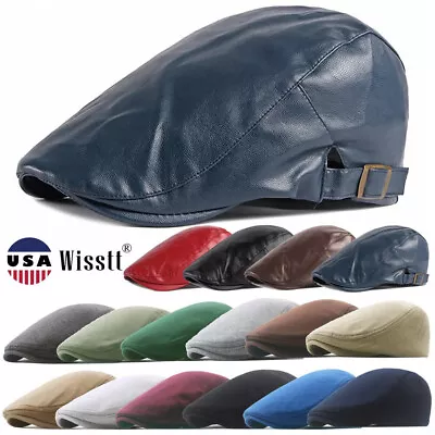 Men's Flat Newsboy Outdoor Solid Cabbie Hat Leather Ivy Cap Breathable Beret USA • $10.65