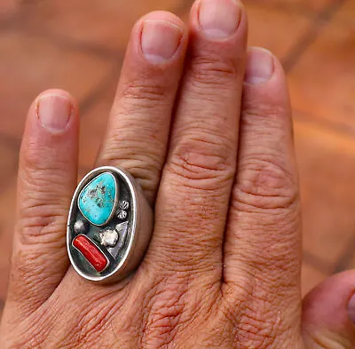 Heavy 46 Grams Vintage Men's Navajo Sterling Coral & Turquoise Ring Size 11 • $159.20