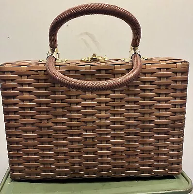 Vintage 1960’s Vinyl Wicker Purse With Great Geometric Lining Hong Kong • $49.99