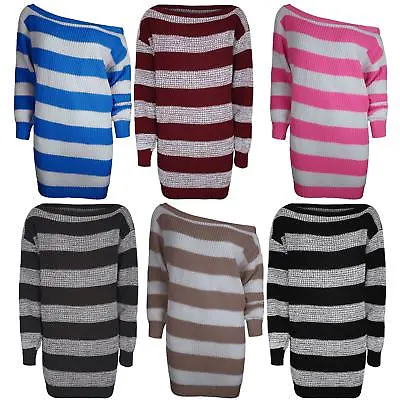 Womens Off The Shoulder Knit Jumper Ladies Oversize Baggy Jumper Tunic Dress Top • £9.38