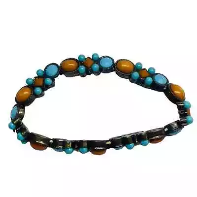 Vintage Baby Blue Turquoise & Orange Beaded Stretch Bracelet Stackable Costume   • $12