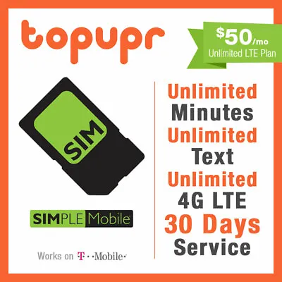 SIMPLE MOBILE SIM Card $50 PLAN 30 Days/1 MONTH Preloaded Unlmited LTE For Ports • $45.50