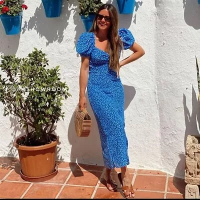 ZARA Blue Polka Dot Puff Sleeve Sweetheart Neck Midi Summer Dress Size M 10 12 • £29.99