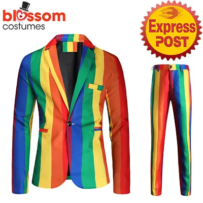 N911 Stripes Rainbow Mardi Gras 70s Stand Out Suit Mens Festivals Disco Costume • $48.35