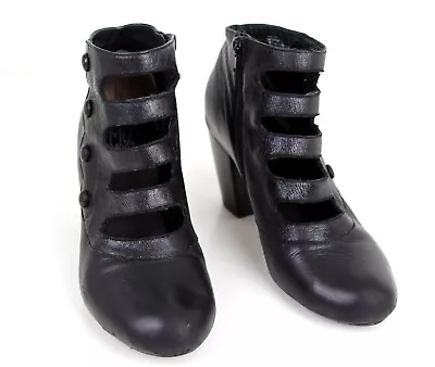 Miz Mooz BLACK GENUINE LEATHER MID HEEL STRAPPY ROUND TOE ANKLE BOOTS 9/40 • $65