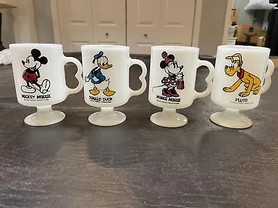 Vintage Disney Mickey Minnie Don Pluto White Milk Glass Pedestal Coffee Mugs • $35