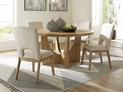 ON SALE - Art Deco Light Brown Oak Round Dining Table & 4 Beige Chairs Set IC0U • $1589.97