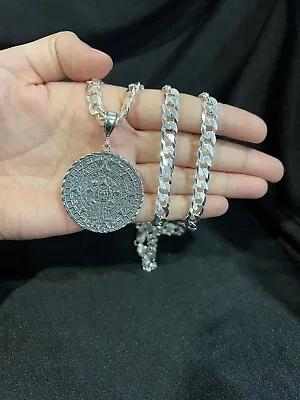 925 Sterling Silver Men Aztec Mayan Calendar Pendant & Curb Cuban Chain 22 26 30 • $220