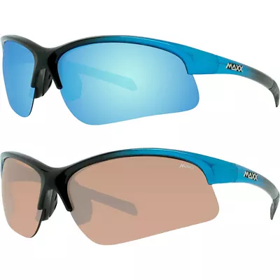 Maxx Domain Sport Sunglasses Black W/ Blue Frames Blue Mirror Lens & Amber Lens • $30.99