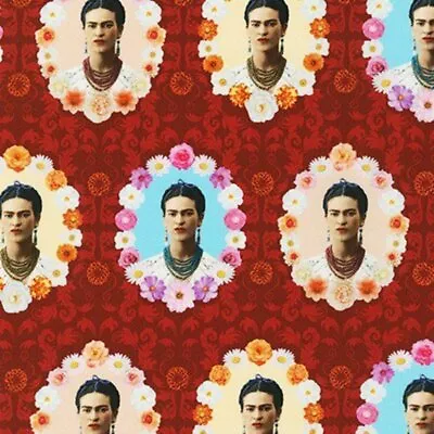 Folklorico Frida Kahlo Cameos Cotton Fabric (AULD-19612-3 Red) Robert Kaufman • $6.95
