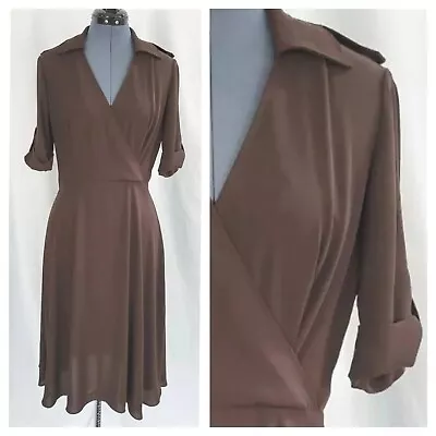 Vintage S.L. Fashions Brown Wrap Bodice Dress With Flared Skirt Size 8 • $21.99