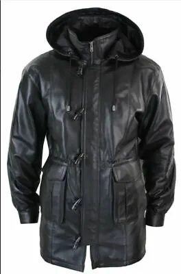 £126.49 • Buy Men's Hooded Winter Long Coat Genuine Sheepskin Black Leather Coat