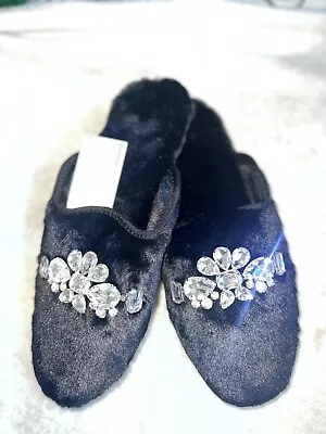 M&S Black Faux Velvet Mule Slippers Embellished New Sz 5 RRP £29.50 • £16.99