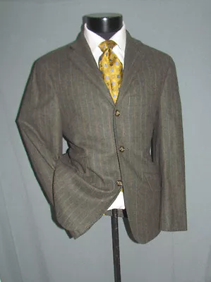 Mint David Chu Olive Gray Stripes Ticket Pkt Flannel Men Suit 38 S Italy • $249