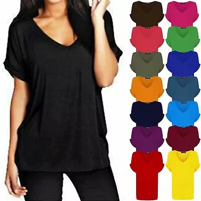 Women Ladies Baggy Oversized Loose Fit Turn Up Batwing Sleeve V Neck Top T-shirt • £7.25