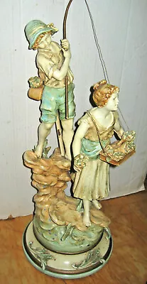 Signed Moreau 24  Metal Statue - Fishing Boy & Flower Girl • $149.95